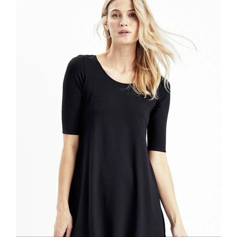 Eileen Fisher Stretch Silk Jersey Scoop Neck Elbow Sleeve Tunic Black Size M